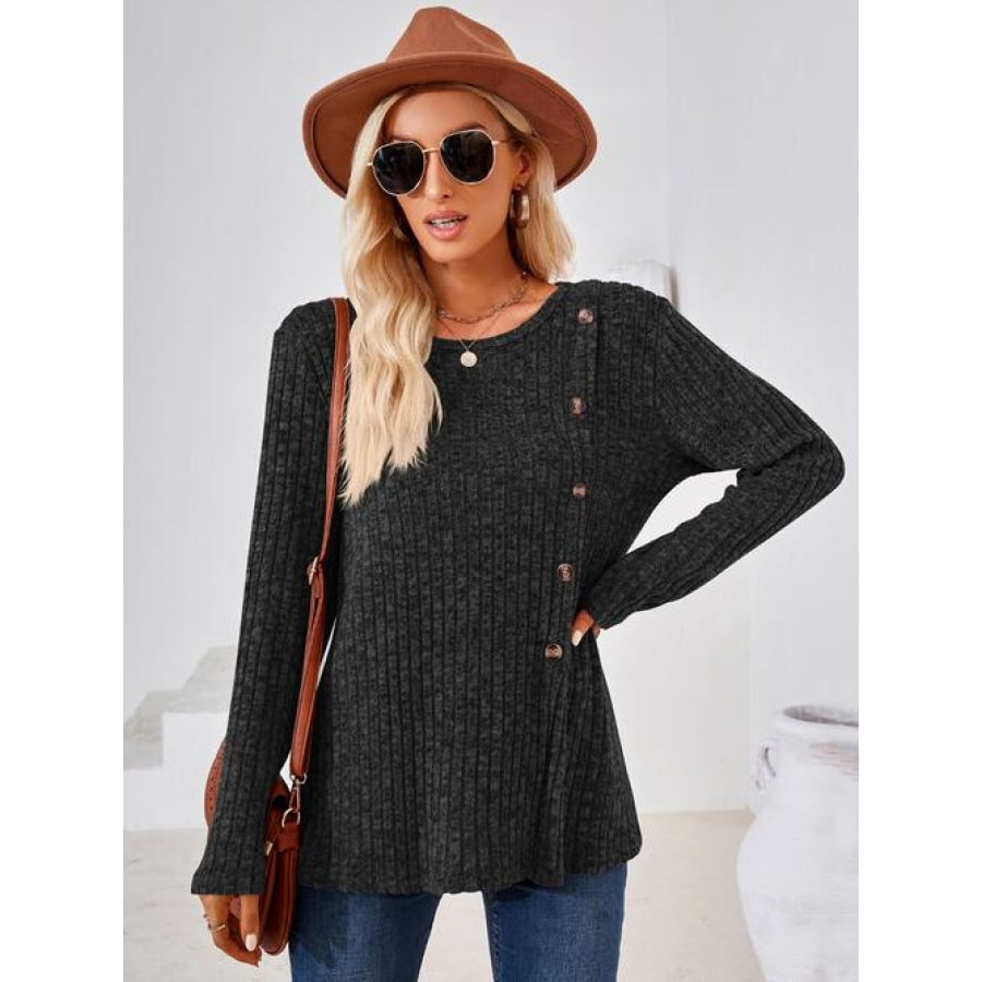 Ribbed Buttoned Round Neck Slit T-Shirt