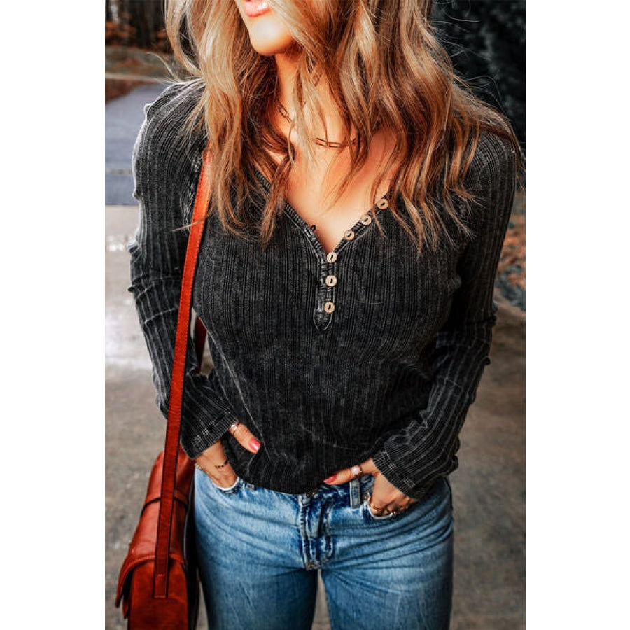 Ribbed Buttoned V-Neck Long Sleeve Top Clothing