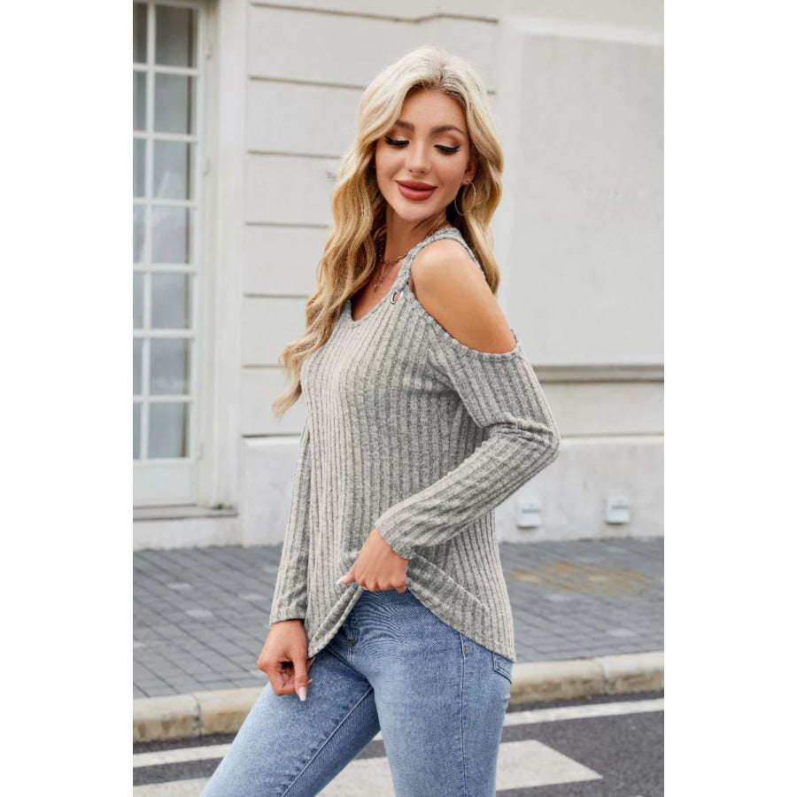 Ribbed Cold Shoulder Long Sleeve Top Apparel and Accessories