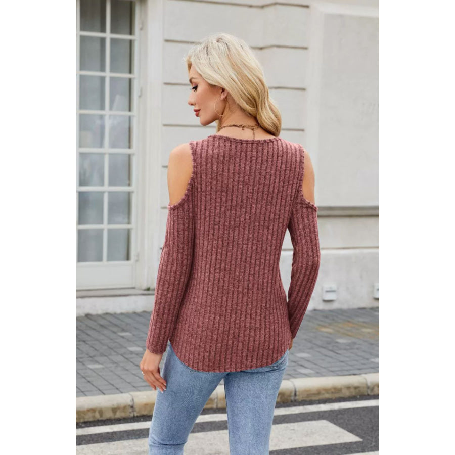 Ribbed Cold Shoulder Long Sleeve Top Apparel and Accessories