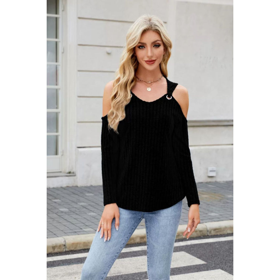 Ribbed Cold Shoulder Long Sleeve Top Black / S Apparel and Accessories