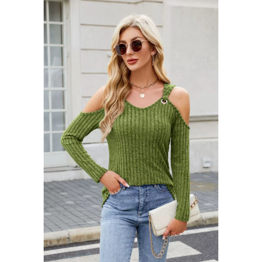 Ribbed Cold Shoulder Long Sleeve Top Moss / S Apparel and Accessories