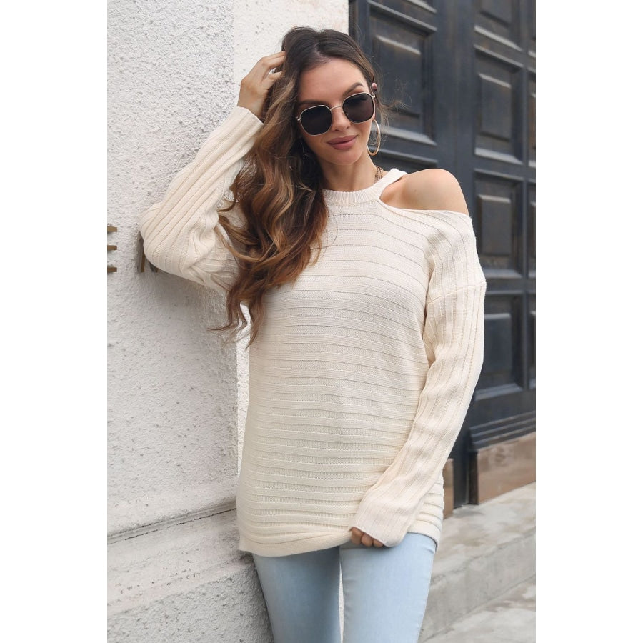 Ribbed Cold Shoulder Round Neck Pullover Sweater