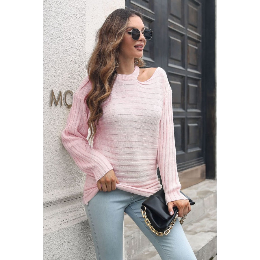 Ribbed Cold Shoulder Round Neck Pullover Sweater