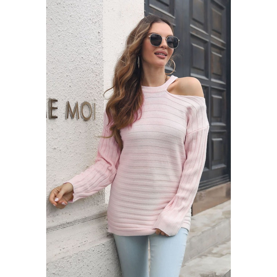 Ribbed Cold Shoulder Round Neck Pullover Sweater