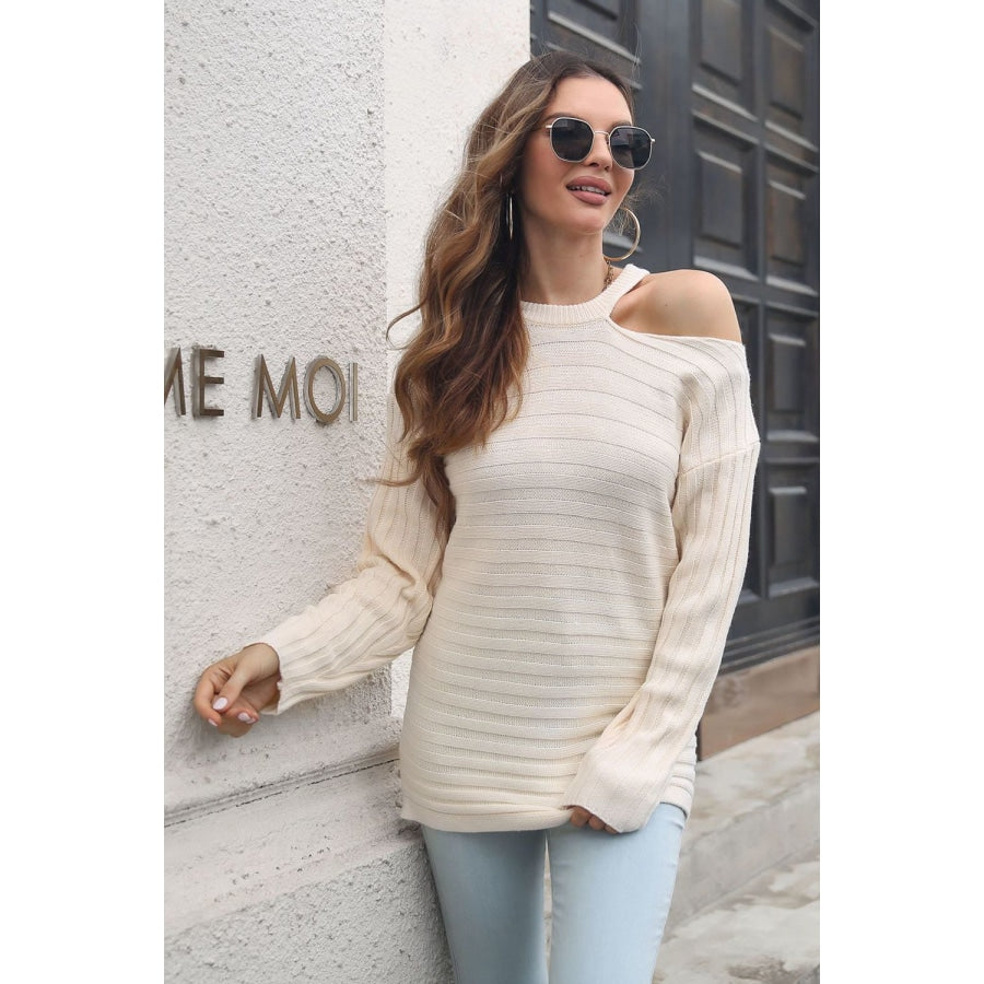 Ribbed Cold Shoulder Round Neck Pullover Sweater