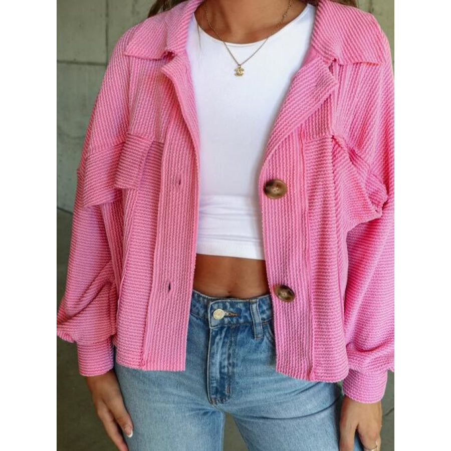 Ribbed Collared Neck Button Up Jacket Fuchsia Pink / S Clothing