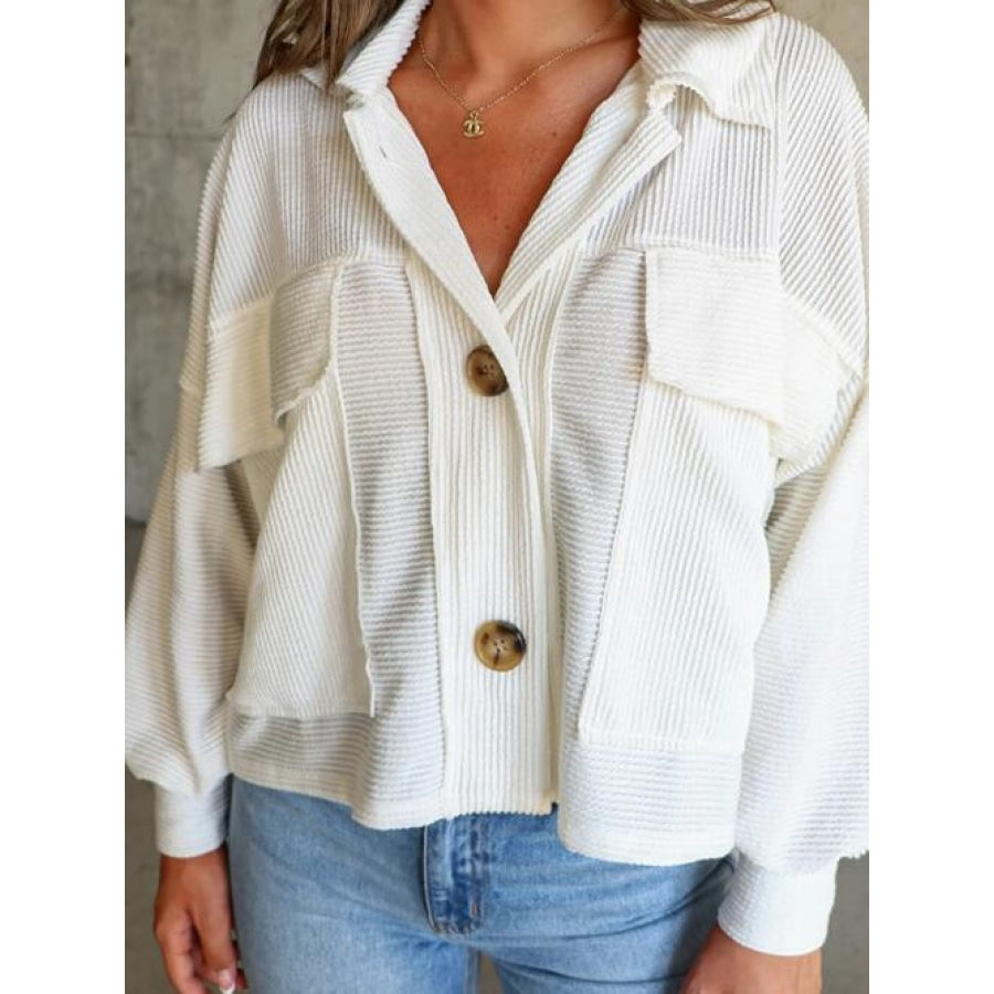 Ribbed Collared Neck Button Up Jacket White / S Clothing