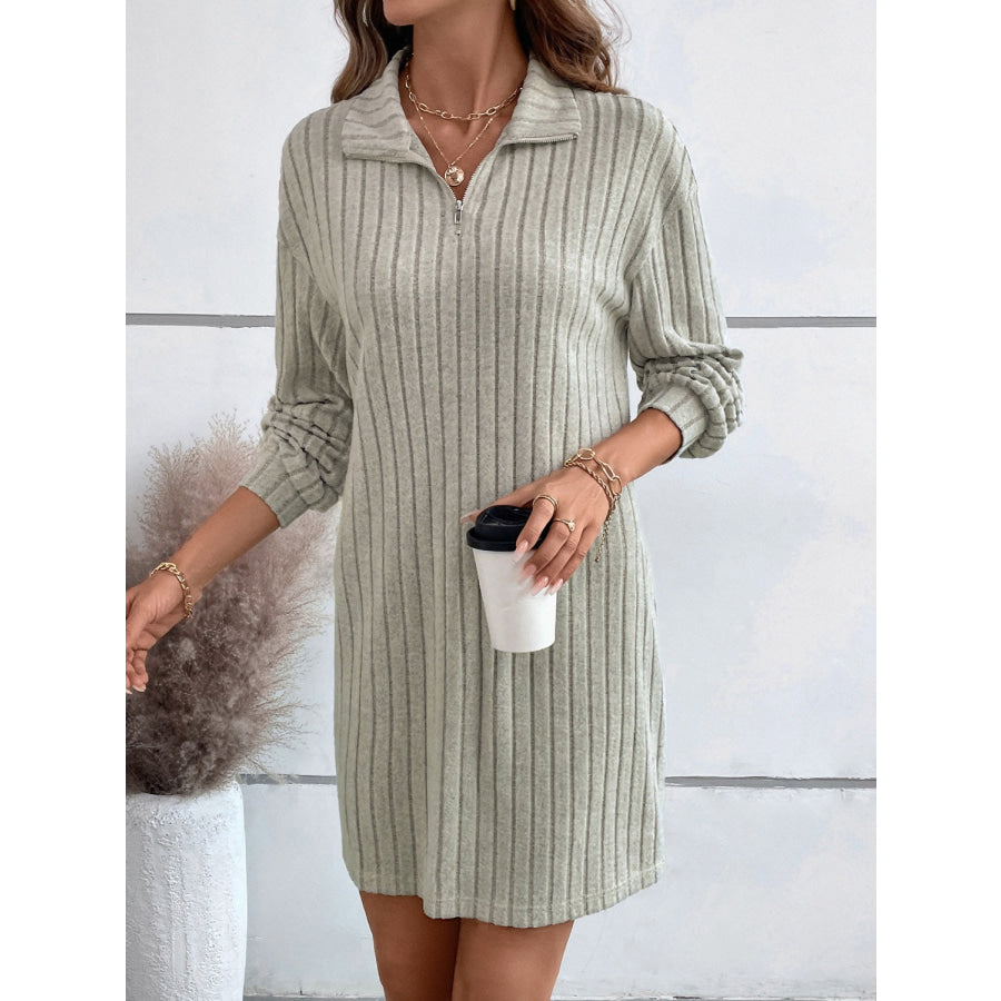 Ribbed Collared Neck Long Sleeve Dress Apparel and Accessories