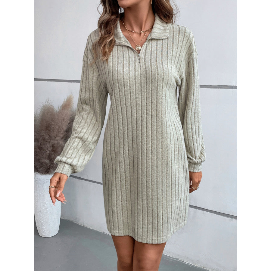 Ribbed Collared Neck Long Sleeve Dress Apparel and Accessories