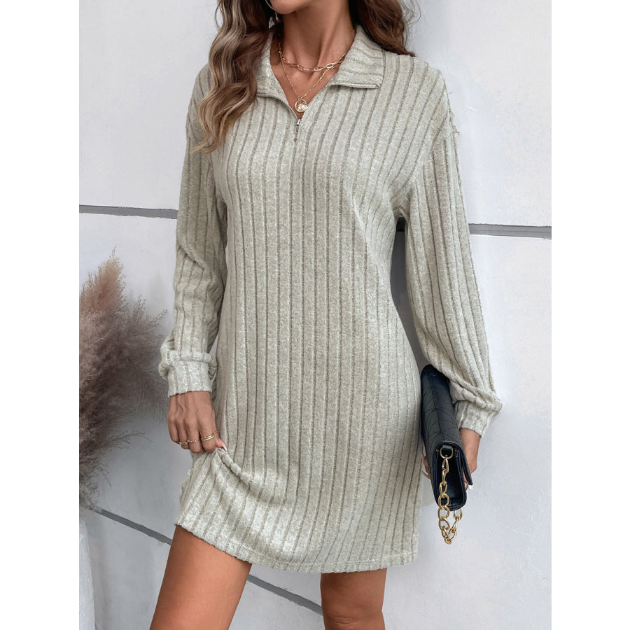 Ribbed Collared Neck Long Sleeve Dress Apparel and Accessories