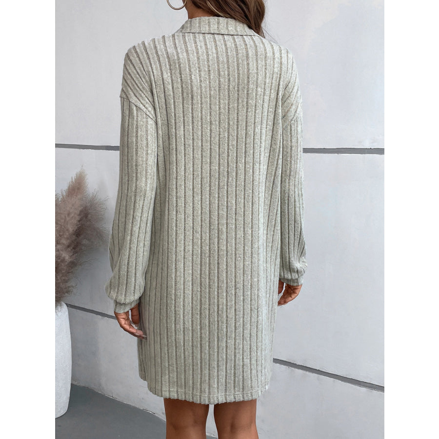 Ribbed Collared Neck Long Sleeve Dress Apparel and Accessories