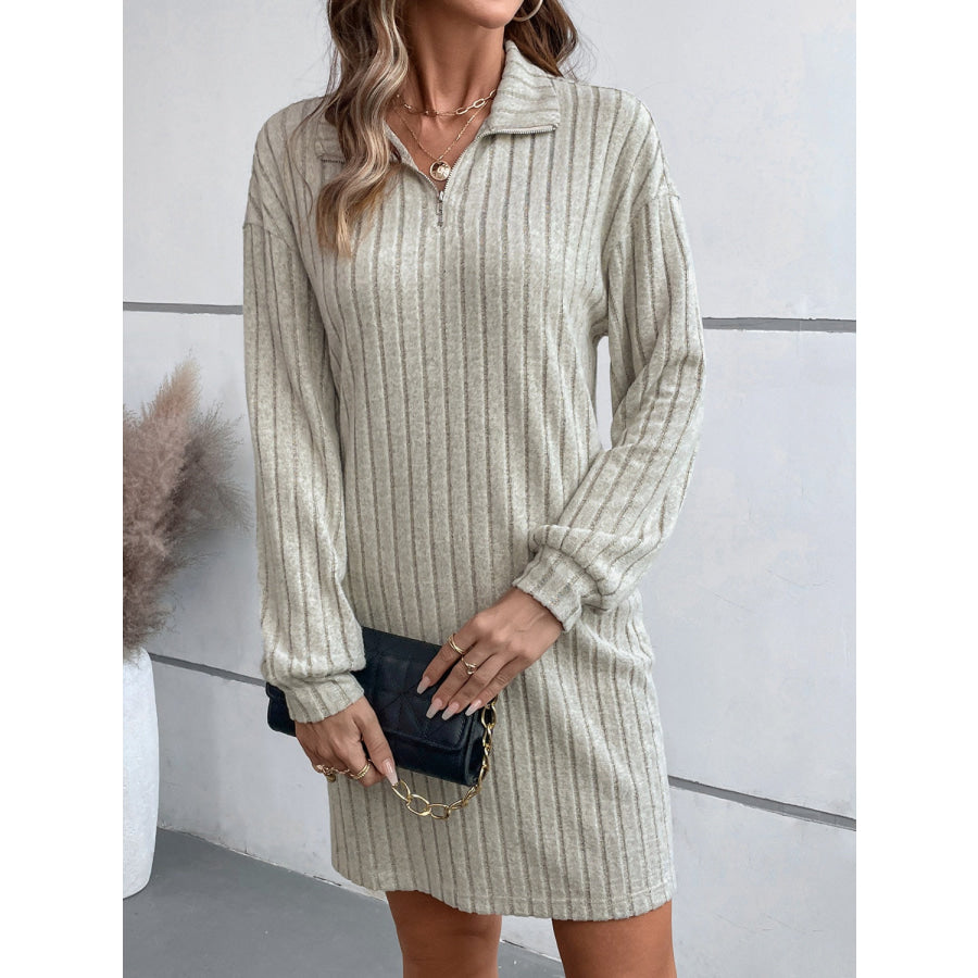 Ribbed Collared Neck Long Sleeve Dress Apparel and Accessories