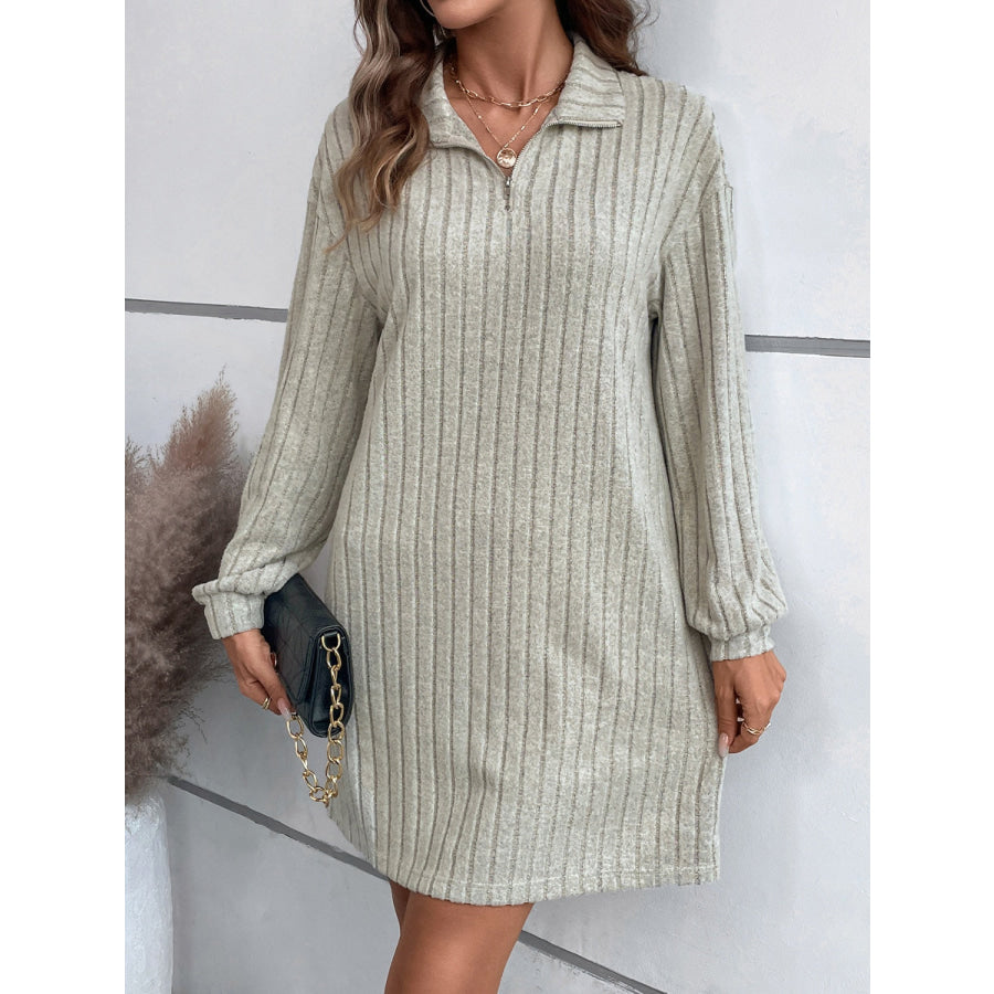 Ribbed Collared Neck Long Sleeve Dress Gray / S Apparel and Accessories