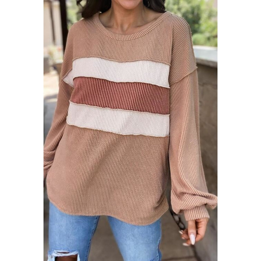 Ribbed Color Block Exposed Seam Round Neck Blouse Women’s Fashion Clothing