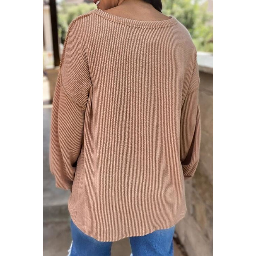 Ribbed Color Block Exposed Seam Round Neck Blouse Women’s Fashion Clothing