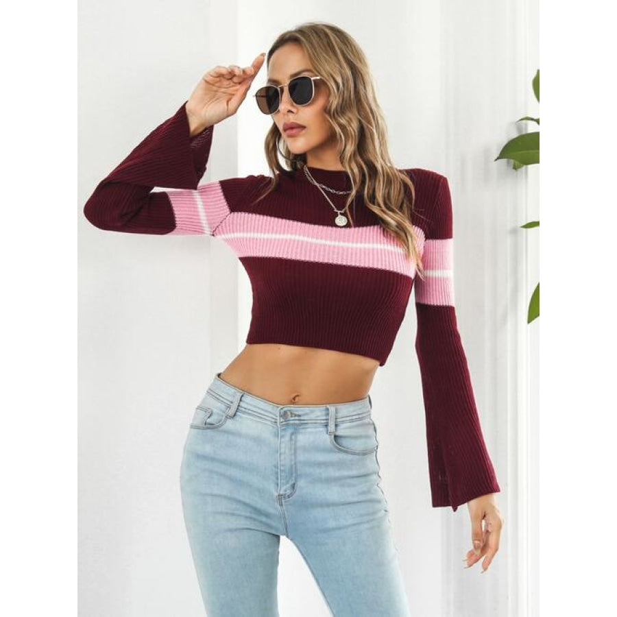 Ribbed Color Block Round Neck Cropped Sweater