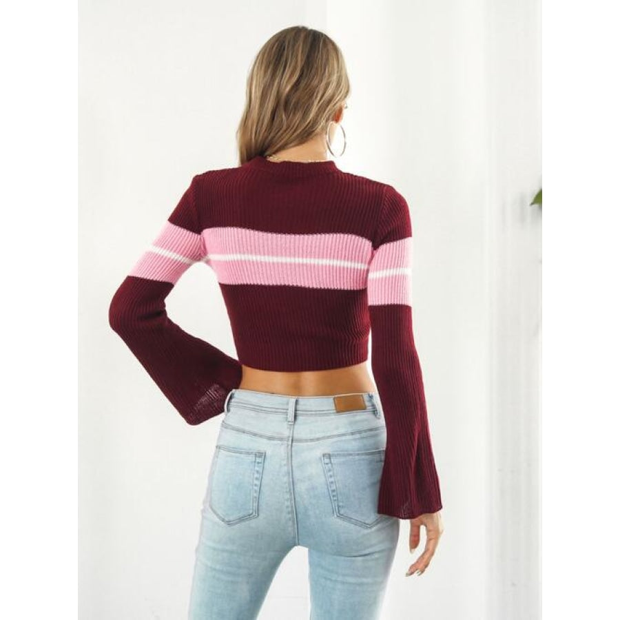 Ribbed Color Block Round Neck Cropped Sweater