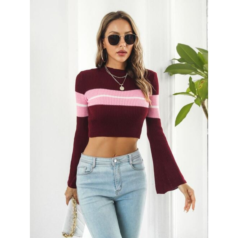 Ribbed Color Block Round Neck Cropped Sweater Wine / S