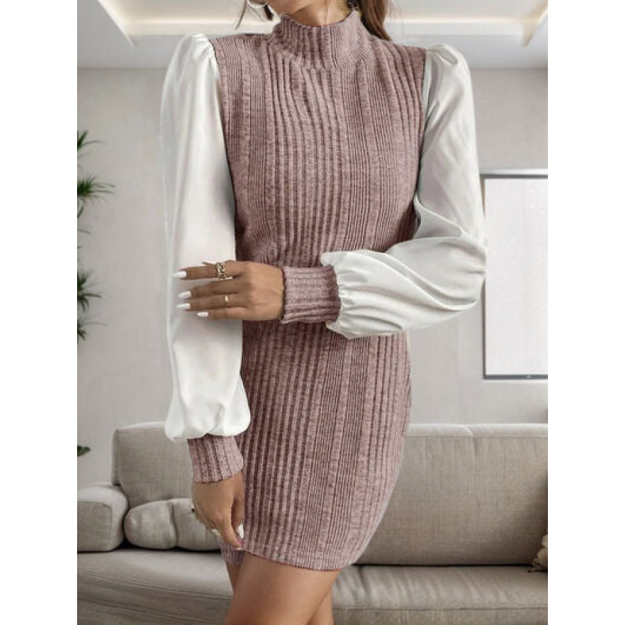 Ribbed Contrast Long Sleeve Sweater Dress Apparel and Accessories