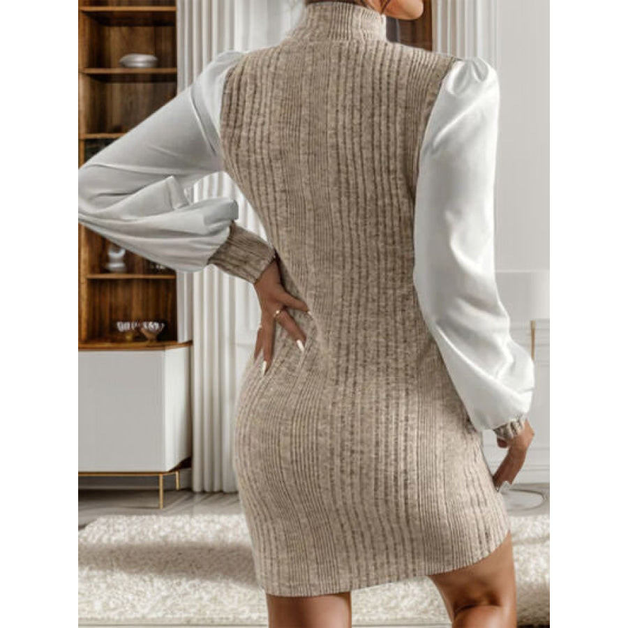 Ribbed Contrast Long Sleeve Sweater Dress Beige / S Apparel and Accessories
