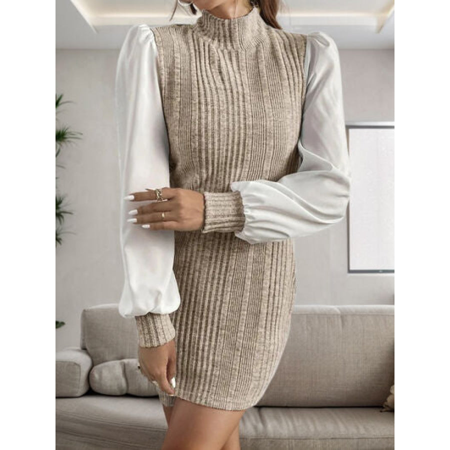 Ribbed Contrast Long Sleeve Sweater Dress Apparel and Accessories