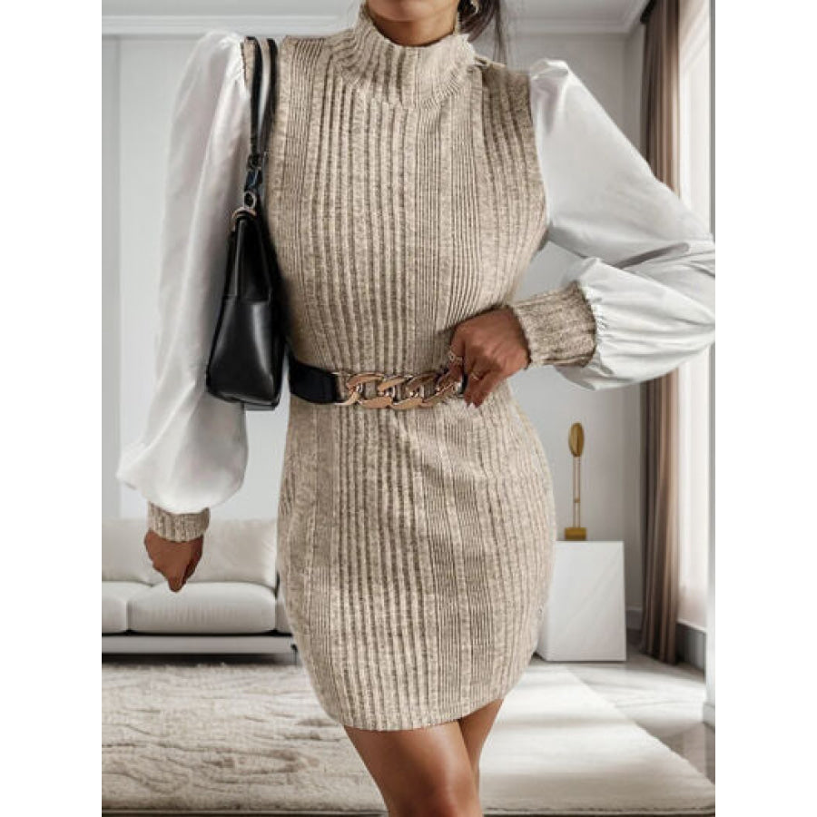 Ribbed Contrast Long Sleeve Sweater Dress Beige / S Apparel and Accessories