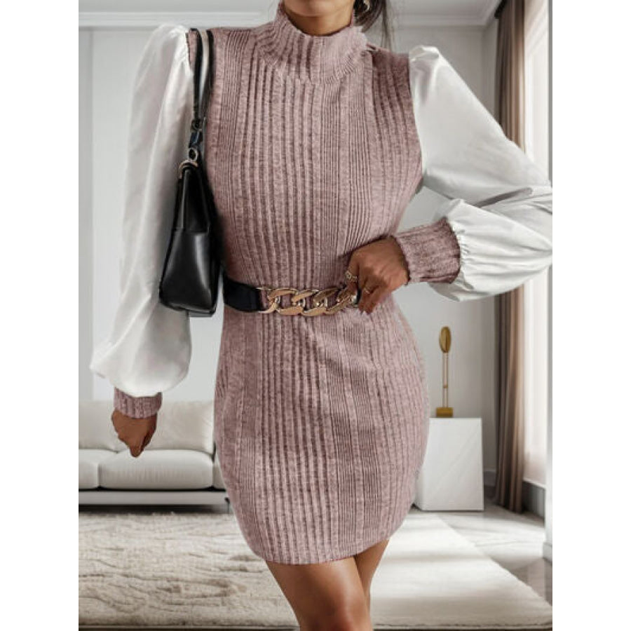 Ribbed Contrast Long Sleeve Sweater Dress Taupe / S Apparel and Accessories