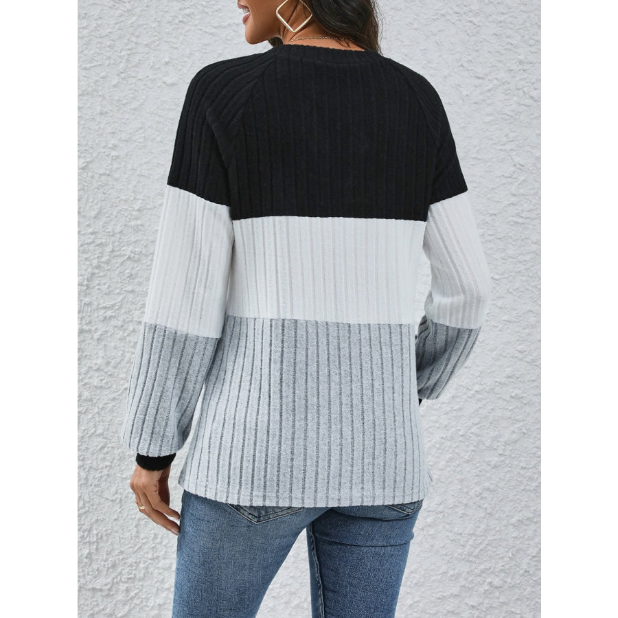 Ribbed Contrast V-Neck Long Sleeve T-Shirt Apparel and Accessories