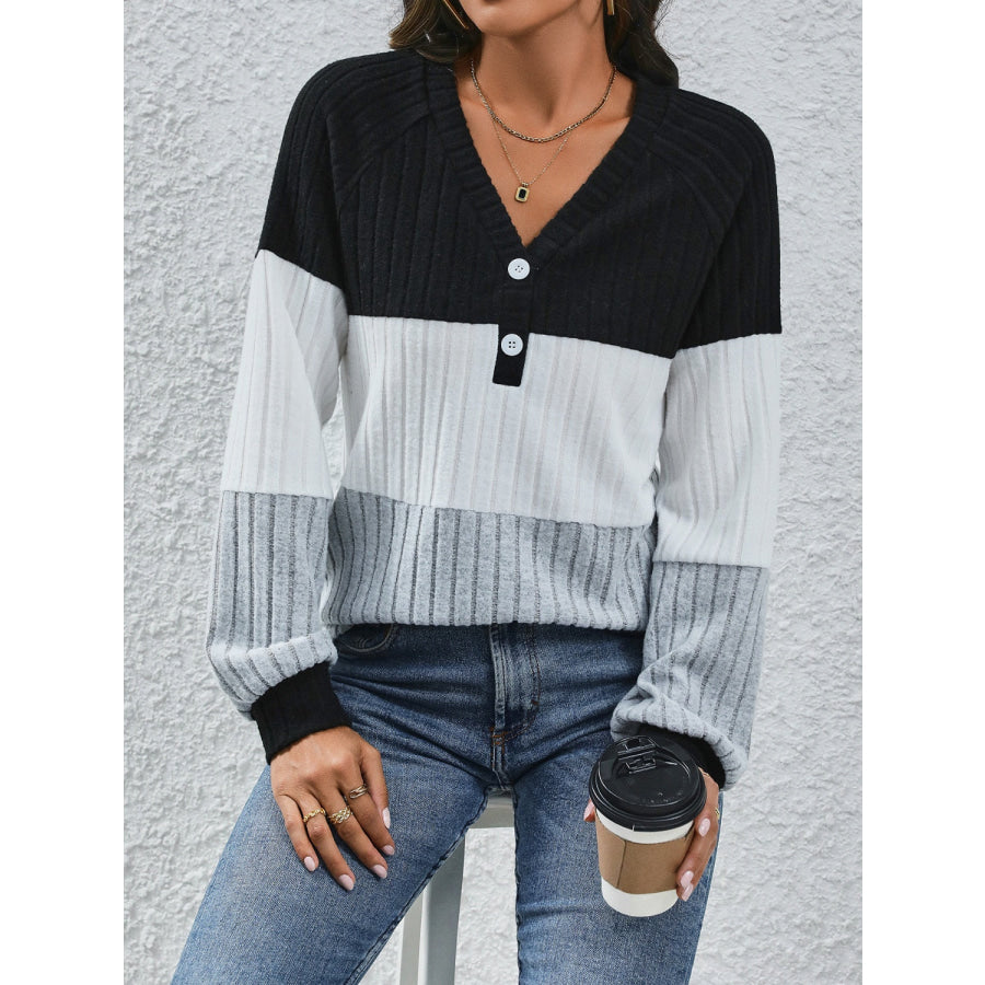 Ribbed Contrast V-Neck Long Sleeve T-Shirt Apparel and Accessories