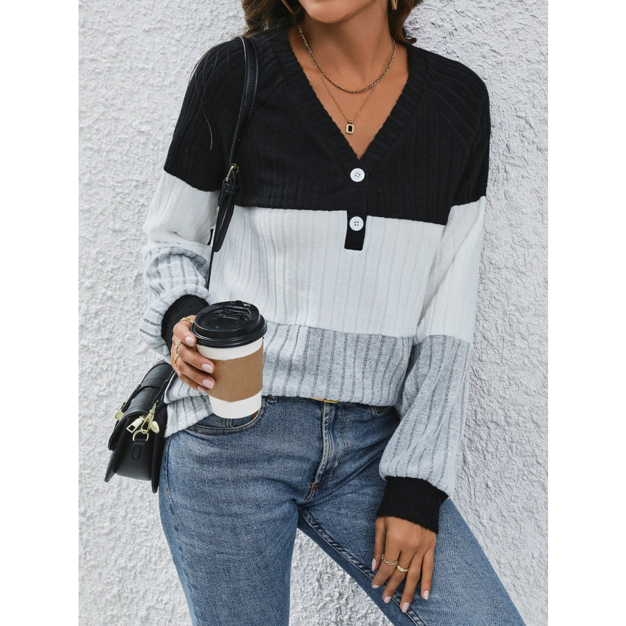 Ribbed Contrast V-Neck Long Sleeve T-Shirt Apparel and Accessories