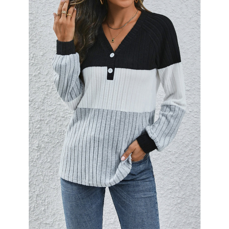 Ribbed Contrast V-Neck Long Sleeve T-Shirt Apparel and Accessories