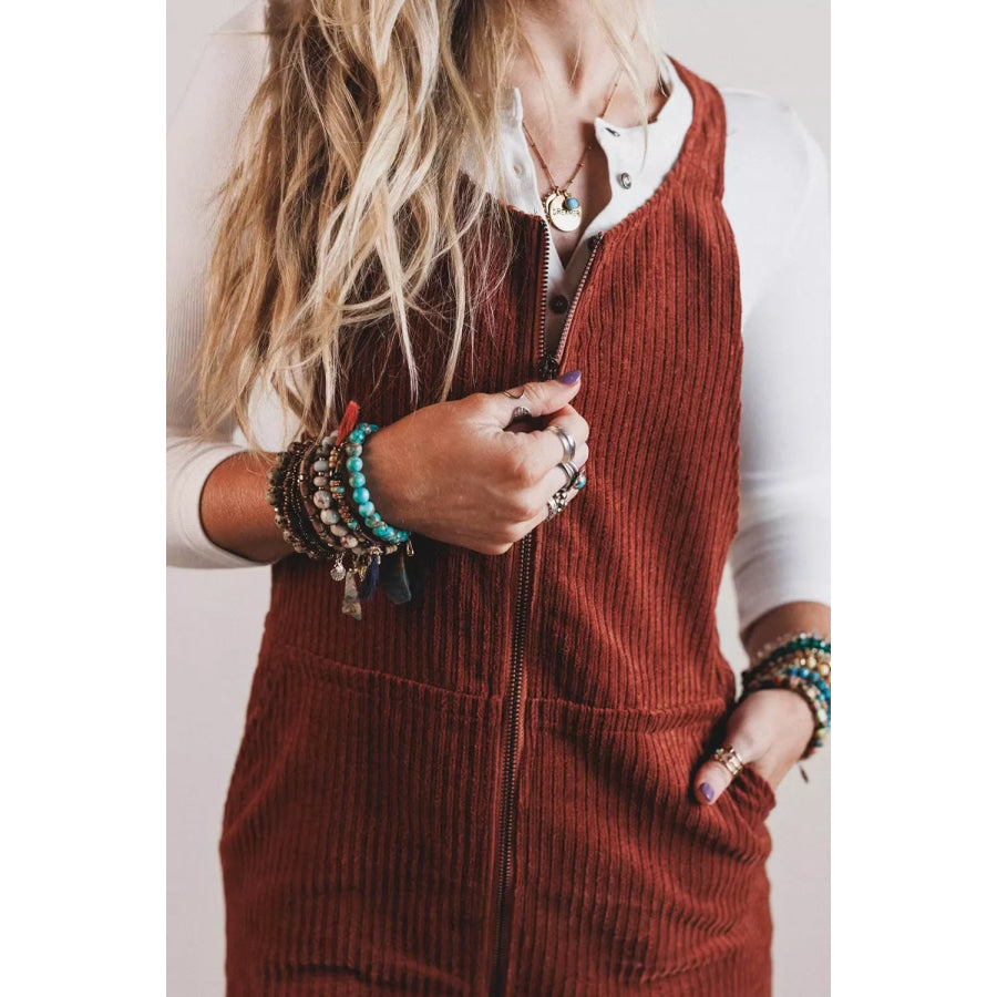 Ribbed Corduroy Zip-Up Sleeveless Pocket Sheath Dress Apparel and Accessories