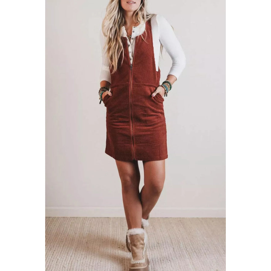 Ribbed Corduroy Zip-Up Sleeveless Pocket Sheath Dress Apparel and Accessories