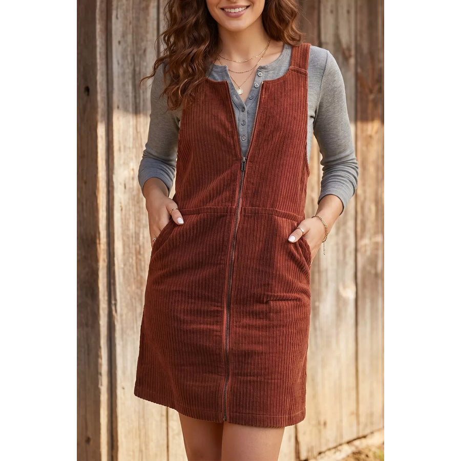 Ribbed Corduroy Zip-Up Sleeveless Pocket Sheath Dress Apparel and Accessories