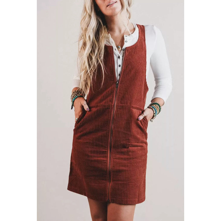 Ribbed Corduroy Zip-Up Sleeveless Pocket Sheath Dress Burgundy / S Apparel and Accessories