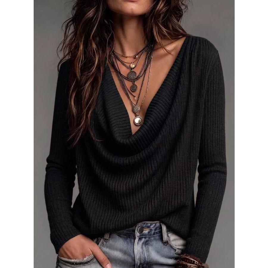 Ribbed Cowl Neck Knit Top Black / S Apparel and Accessories