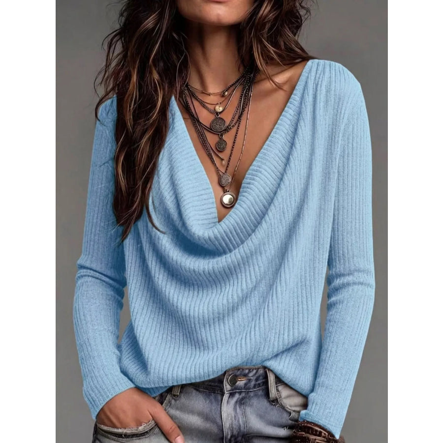 Ribbed Cowl Neck Knit Top Blue / S Apparel and Accessories