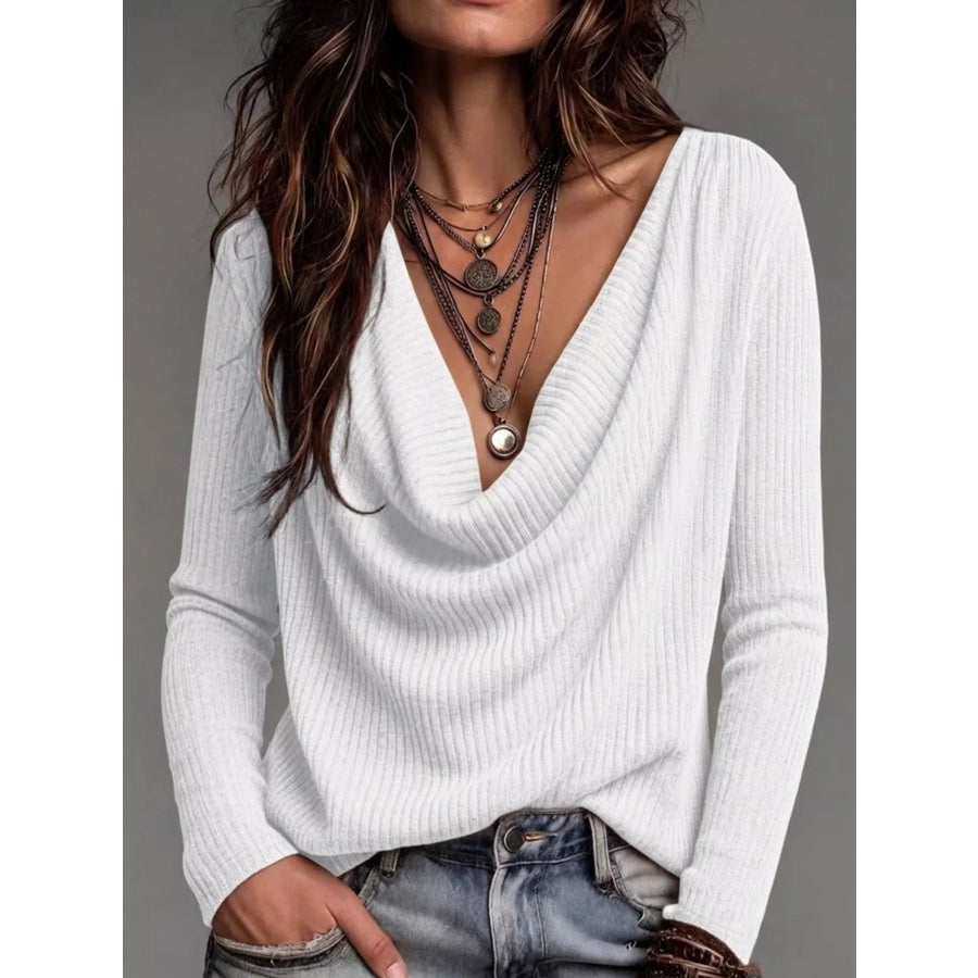 Ribbed Cowl Neck Knit Top White / S Apparel and Accessories