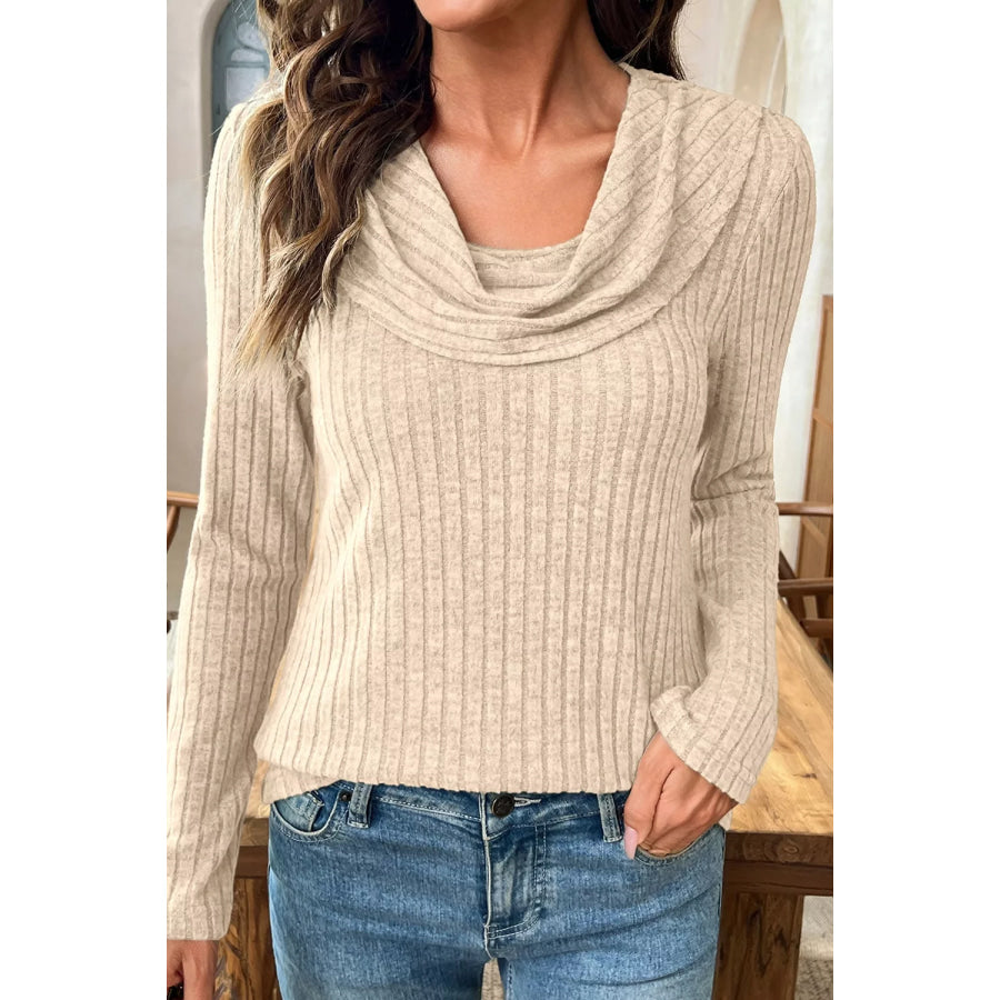 Ribbed Cowl Neck Long Sleeve Top Apparel and Accessories