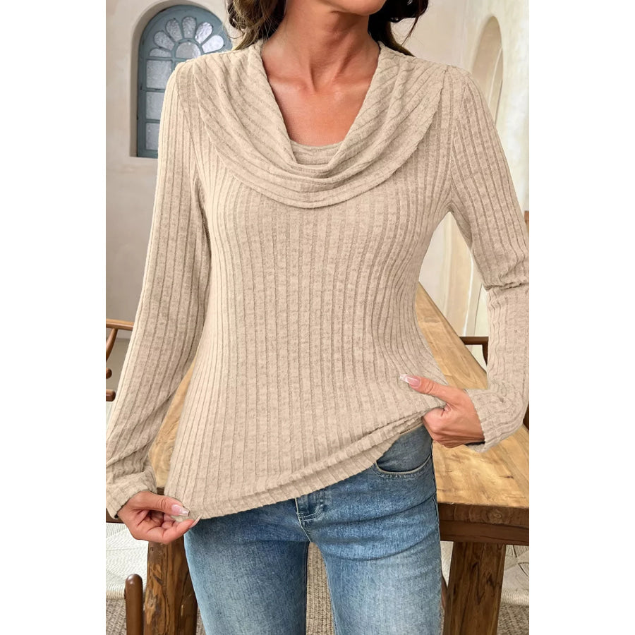 Ribbed Cowl Neck Long Sleeve Top Apparel and Accessories