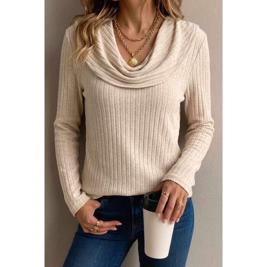 Ribbed Cowl Neck Long Sleeve Top Khaki / S Apparel and Accessories