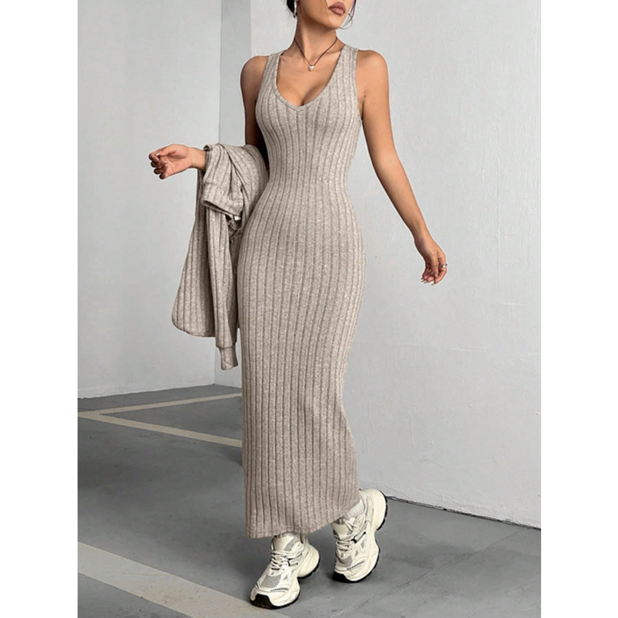 Ribbed Cropped Hooded Top and V-Neck Tank Dress Set Apparel and Accessories