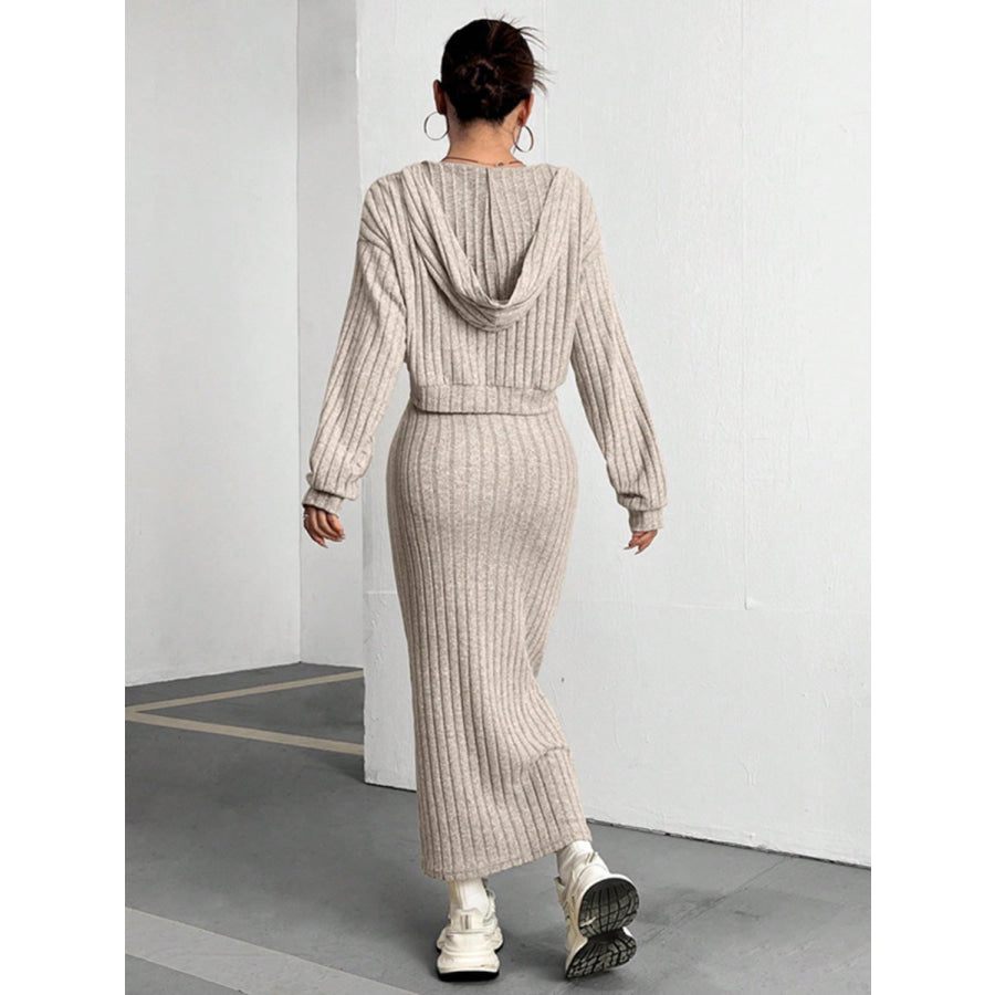 Ribbed Cropped Hooded Top and V-Neck Tank Dress Set Apparel and Accessories