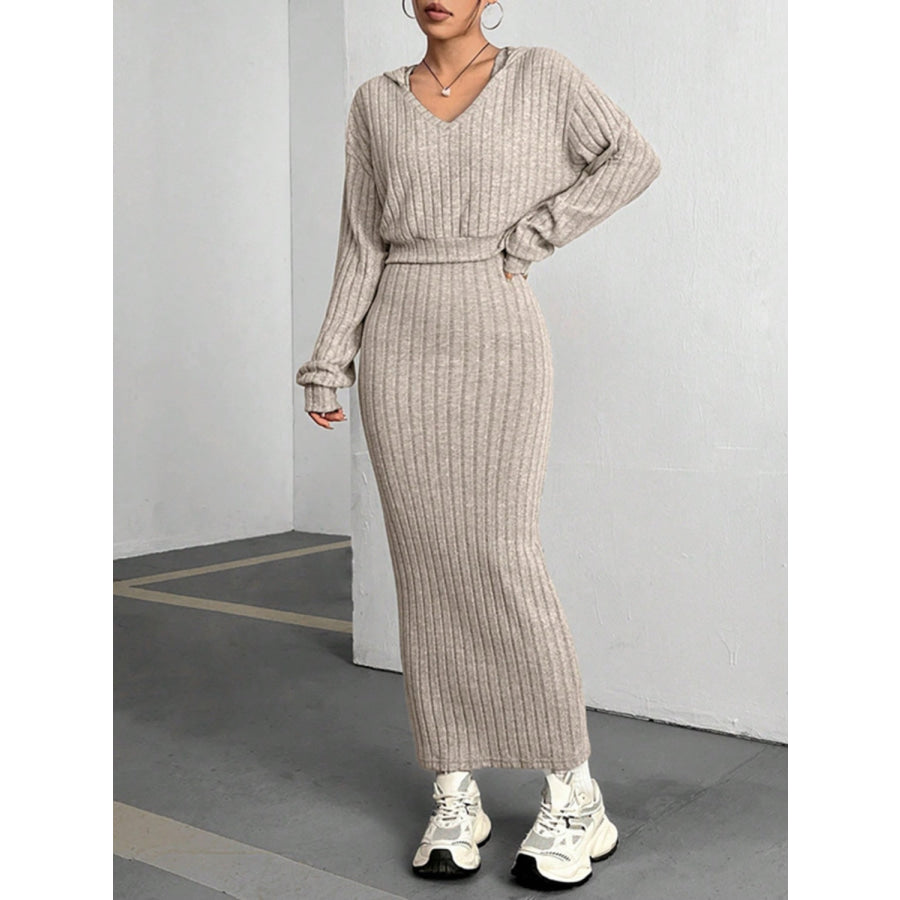 Ribbed Cropped Hooded Top and V-Neck Tank Dress Set Dust Storm / S Apparel and Accessories