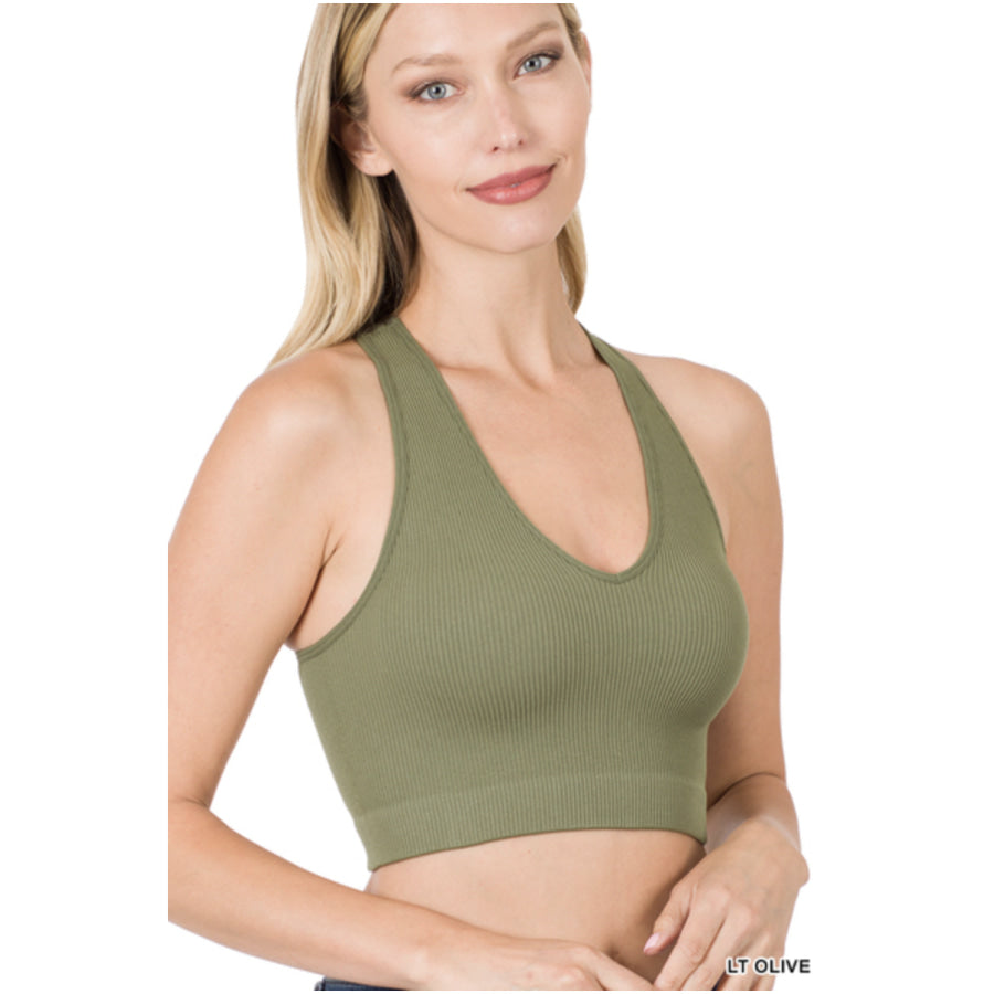 NEW! Ribbed Cropped Racerback Tank Top - Light Olive Light Olive / S/M Bralette