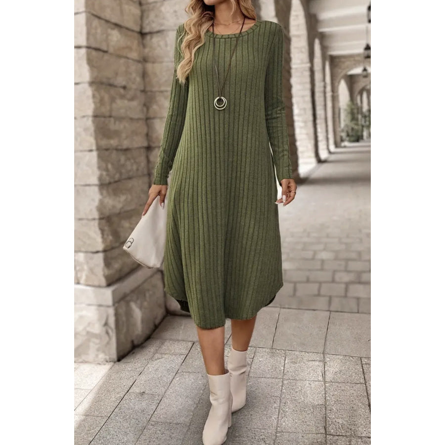 Ribbed Curved Hem Round Neck Long Sleeve Dress Apparel and Accessories