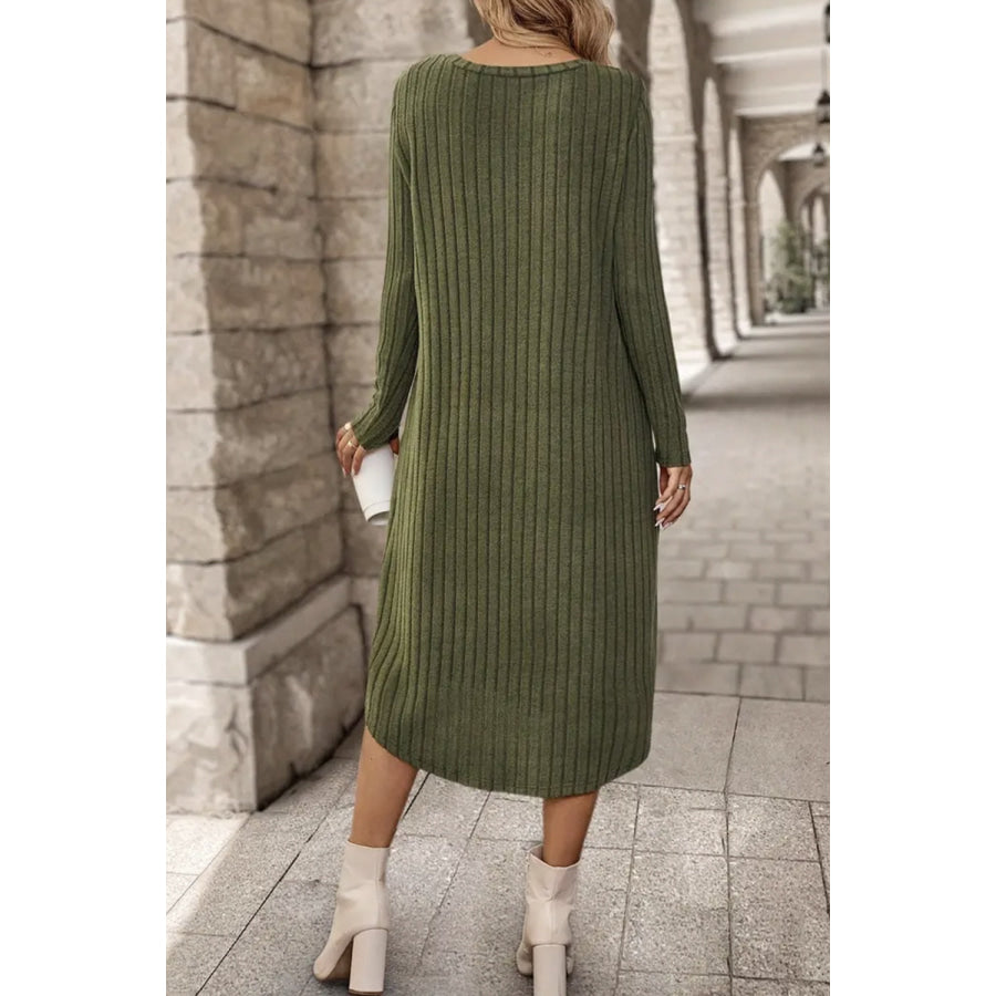 Ribbed Curved Hem Round Neck Long Sleeve Dress Apparel and Accessories