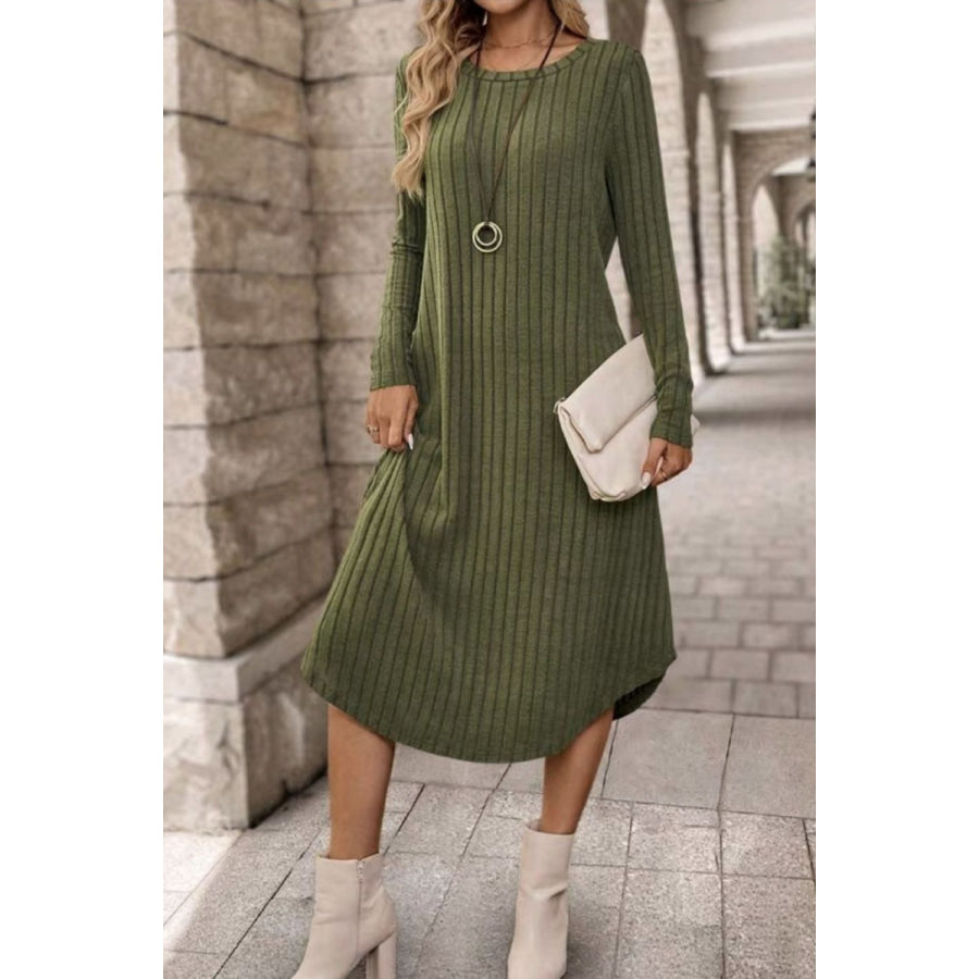 Ribbed Curved Hem Round Neck Long Sleeve Dress Apparel and Accessories