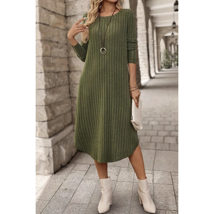 Ribbed Curved Hem Round Neck Long Sleeve Dress Apparel and Accessories